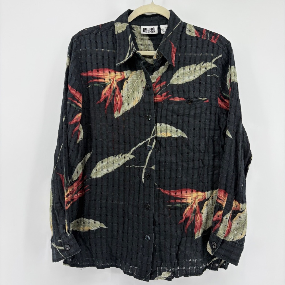 Chico's Design 1 / M Black Linen Bird of Paradise Button Down Floral Shirt